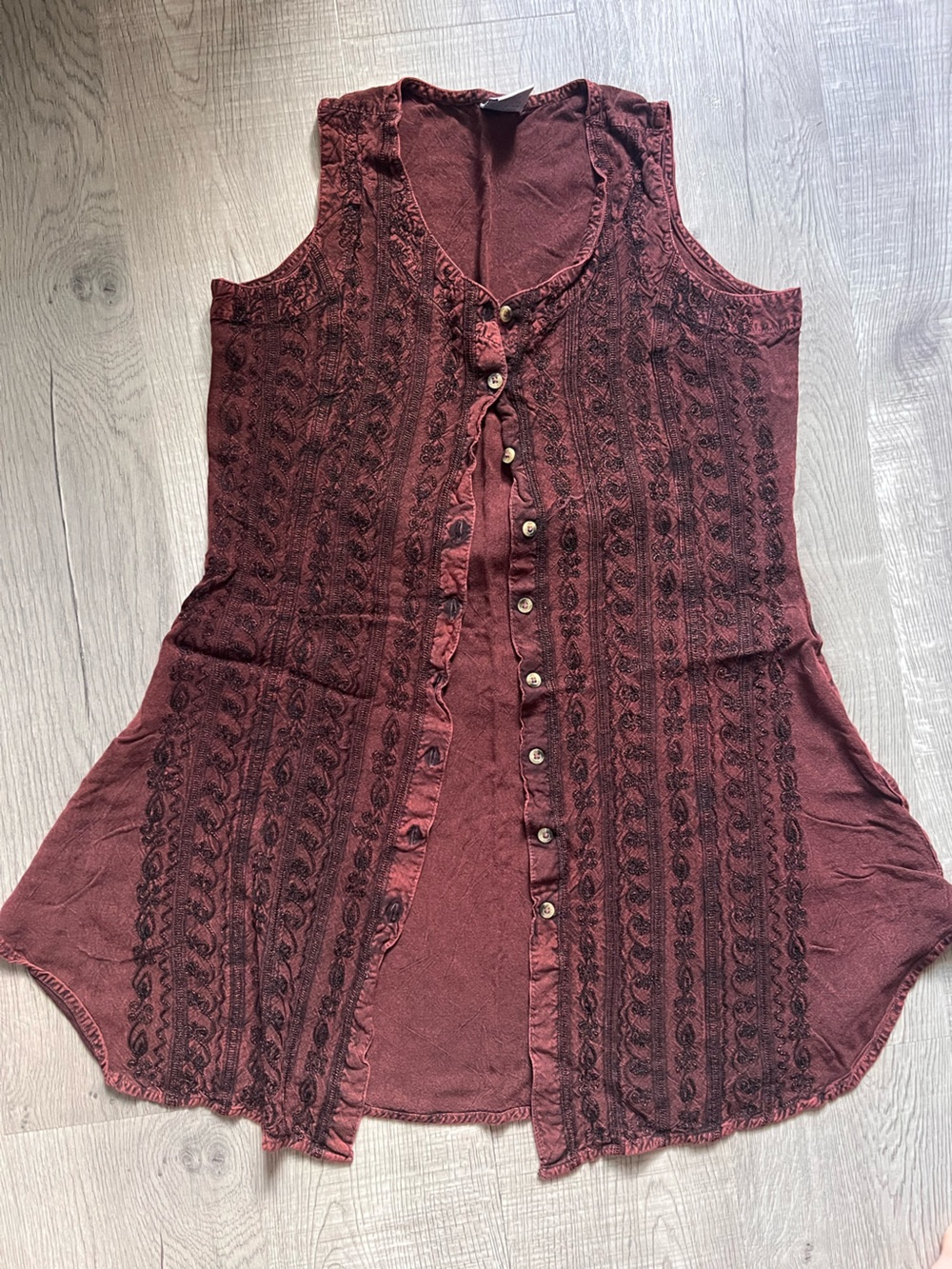 Sleeveless Button-Front Mini Dress or top  in Burgundy with Lace Detail